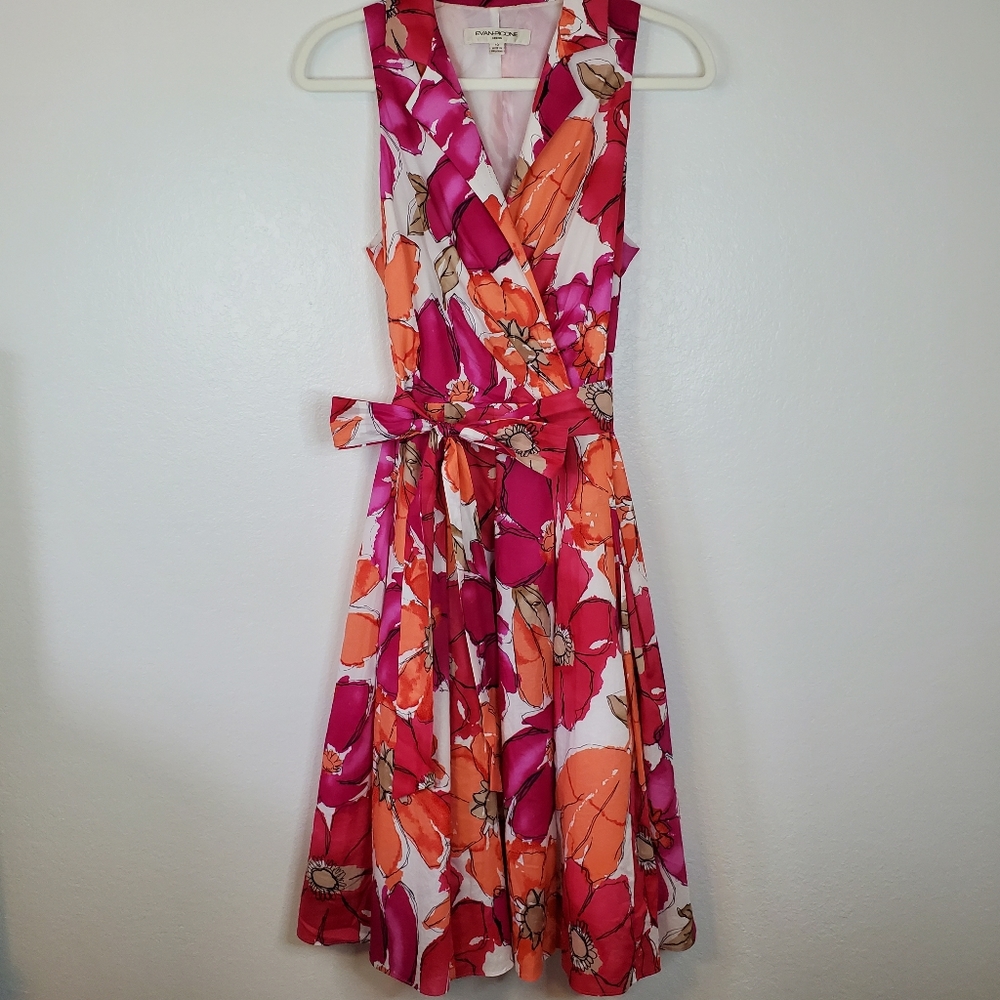 Evan Picone Pink & Orange Floral Midi Wrap Dress